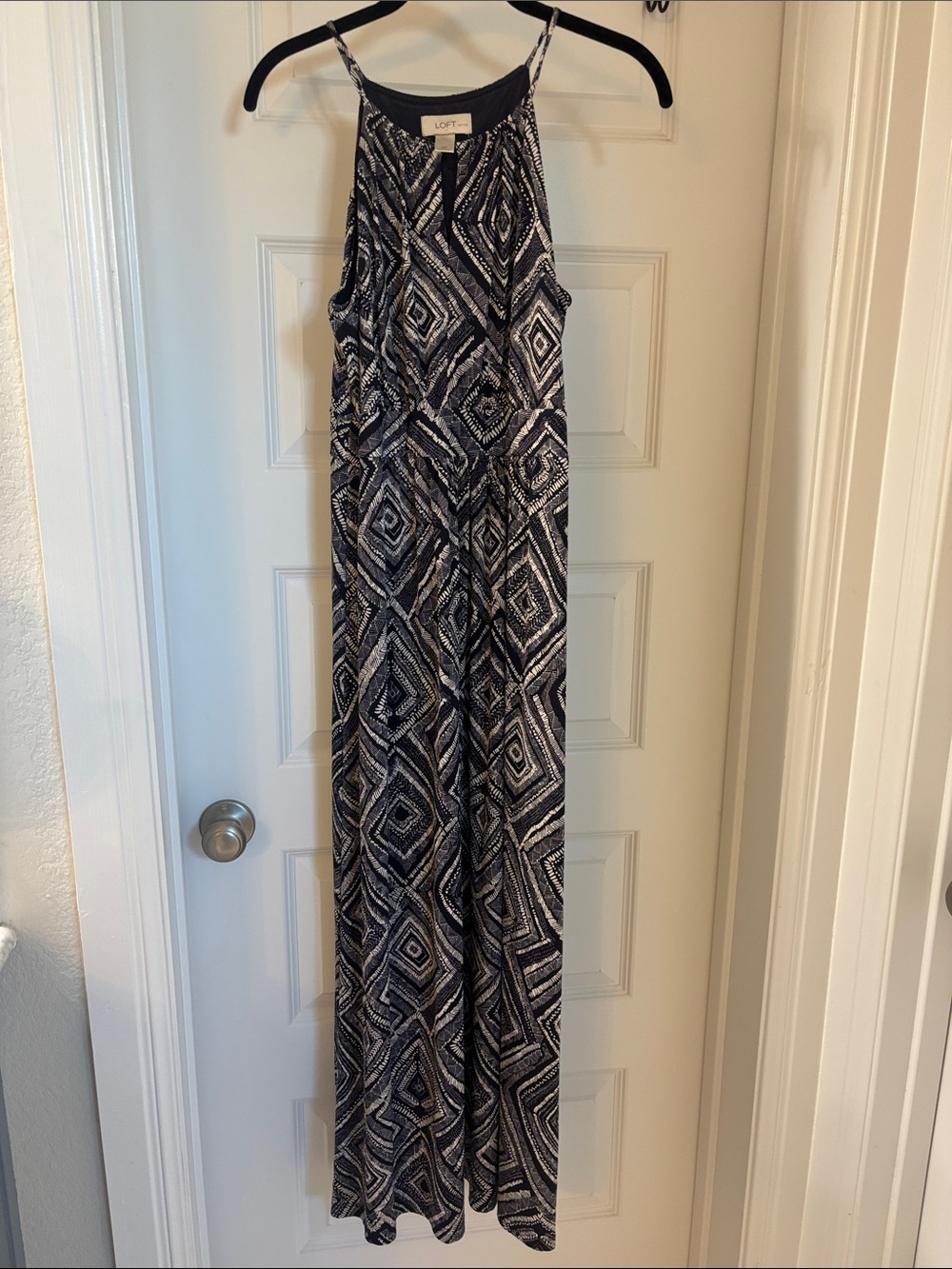 LOFT Navy and White Geometric Halter Maxi Dress - Picture 1 of 2
